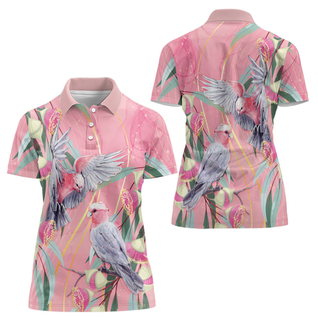 Australia Breast Cancer Women Polo Shirt Pink Galah with Eucalyptus Flowers