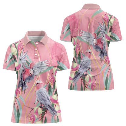 Australia Breast Cancer Women Polo Shirt Pink Galah with Eucalyptus Flowers