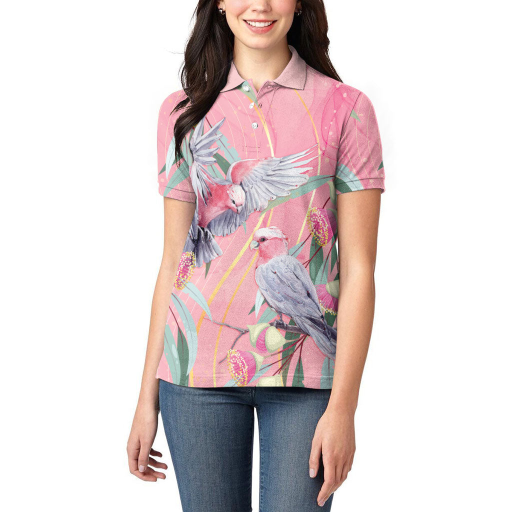Australia Breast Cancer Women Polo Shirt Pink Galah with Eucalyptus Flowers