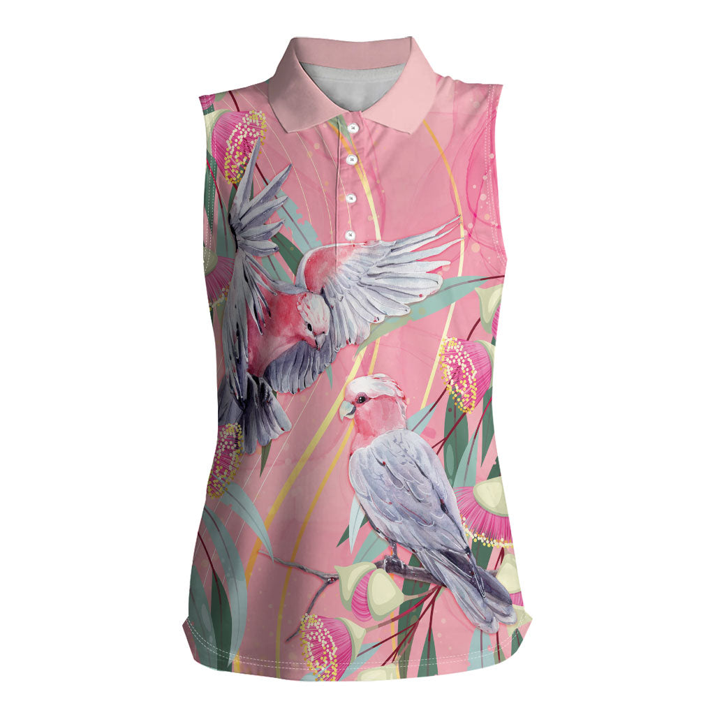 Australia Breast Cancer Women Sleeveless Polo Shirt Pink Galah with Eucalyptus Flowers