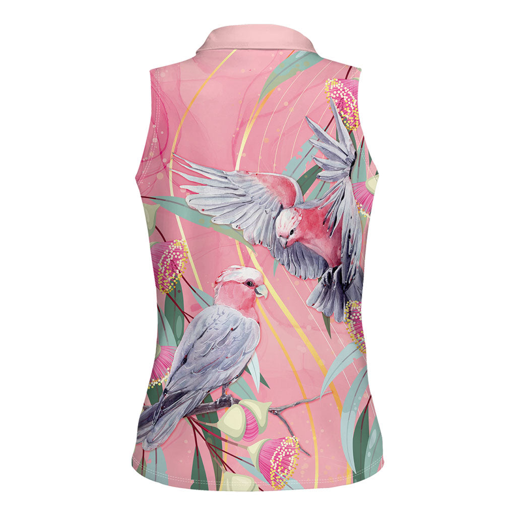 Australia Breast Cancer Women Sleeveless Polo Shirt Pink Galah with Eucalyptus Flowers