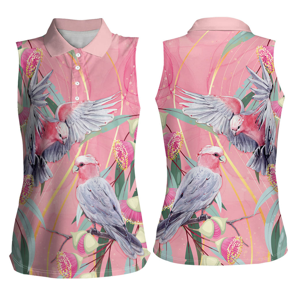 Australia Breast Cancer Women Sleeveless Polo Shirt Pink Galah with Eucalyptus Flowers