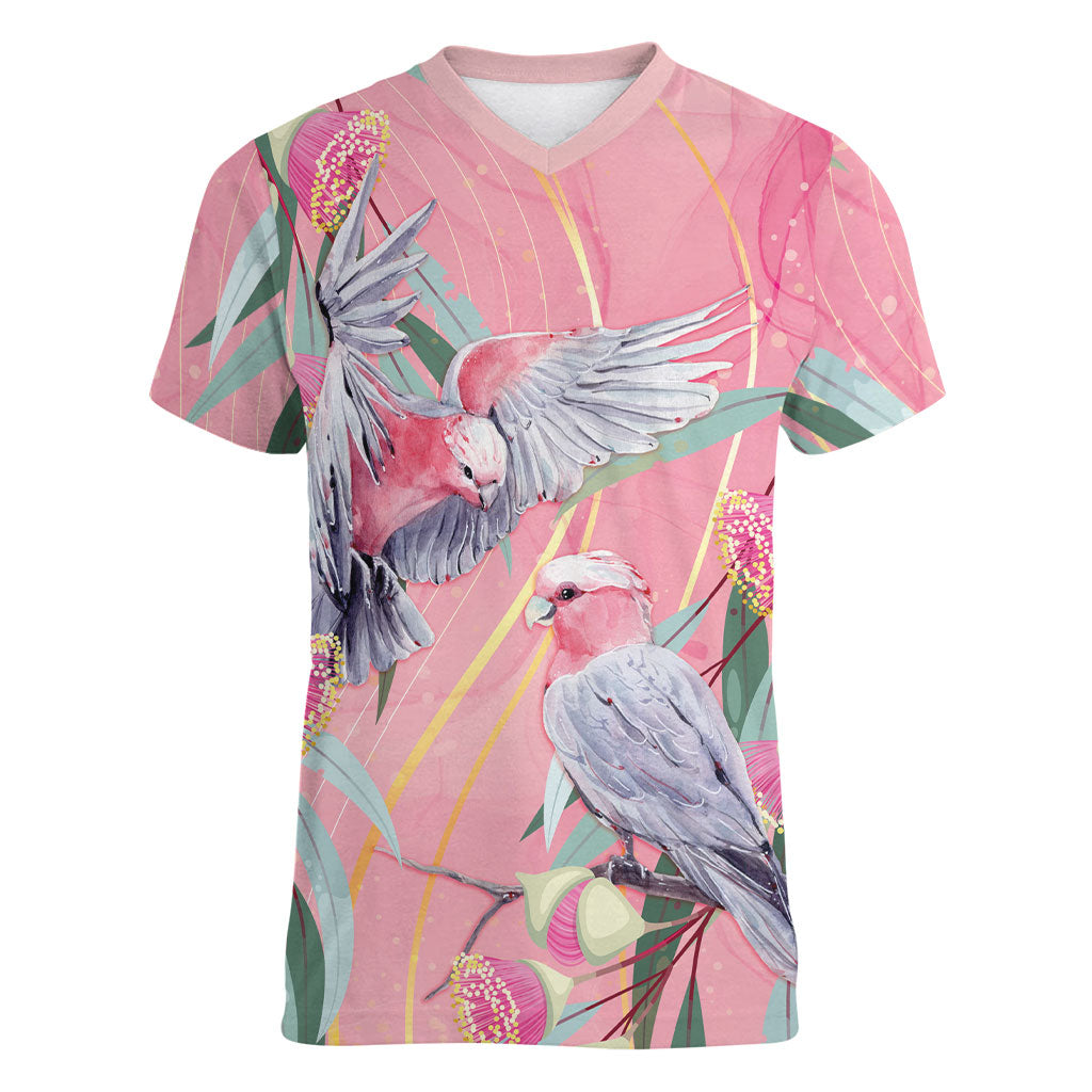 Australia Breast Cancer Women V-Neck T-Shirt Pink Galah with Eucalyptus Flowers