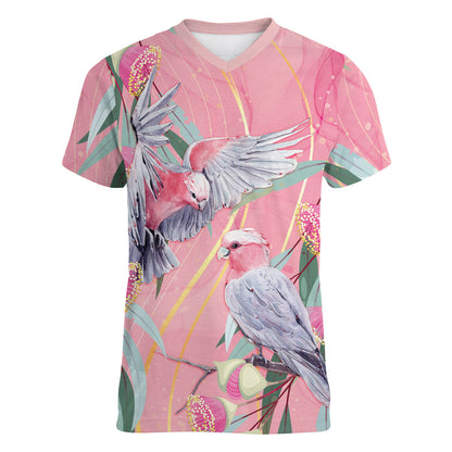 Australia Breast Cancer Women V-Neck T-Shirt Pink Galah with Eucalyptus Flowers