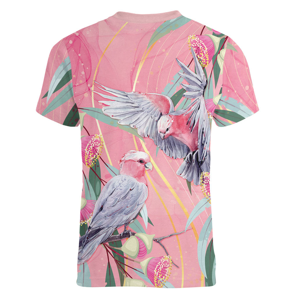 Australia Breast Cancer Women V-Neck T-Shirt Pink Galah with Eucalyptus Flowers