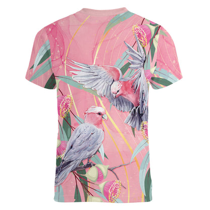 Australia Breast Cancer Women V-Neck T-Shirt Pink Galah with Eucalyptus Flowers