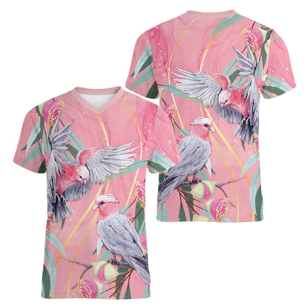 Australia Breast Cancer Women V-Neck T-Shirt Pink Galah with Eucalyptus Flowers