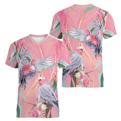 Australia Breast Cancer Women V-Neck T-Shirt Pink Galah with Eucalyptus Flowers
