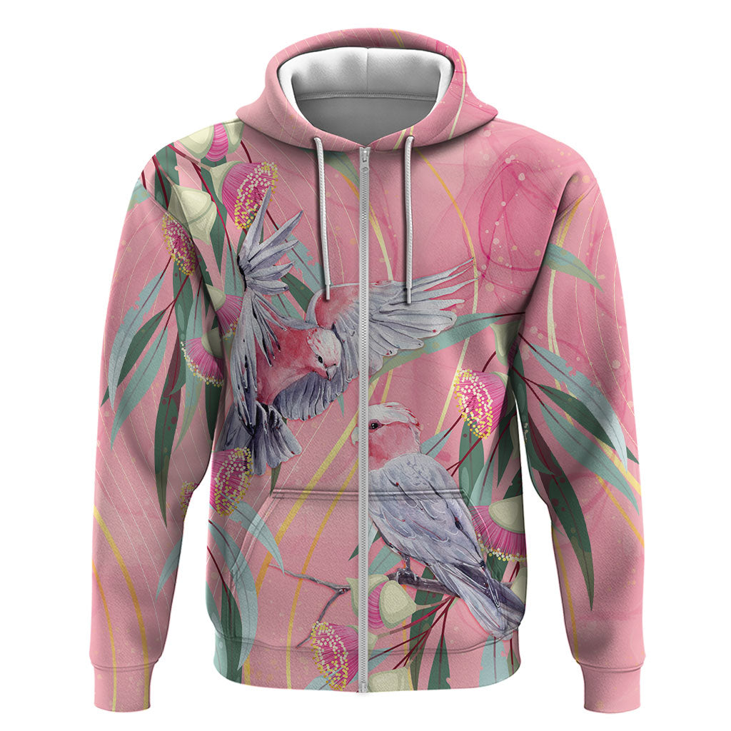 Australia Breast Cancer Zip Hoodie Pink Galah with Eucalyptus Flowers