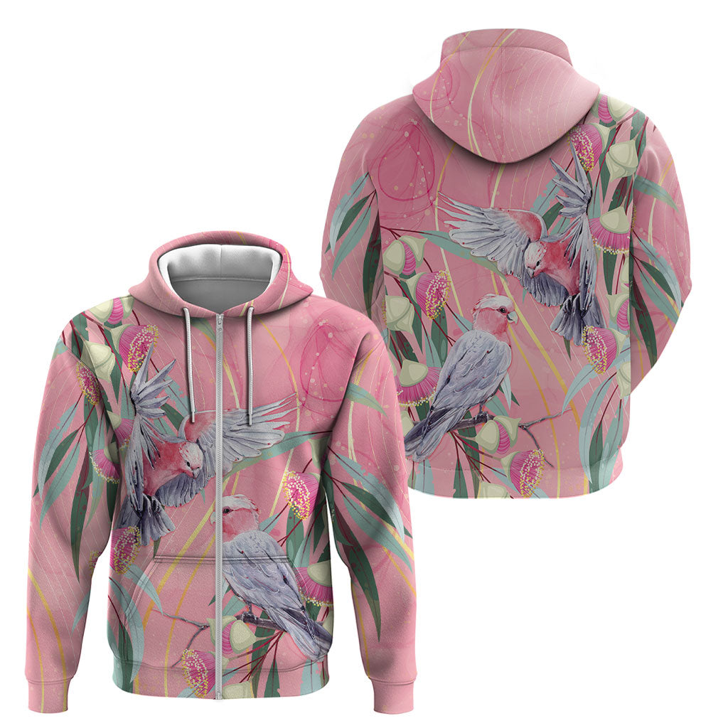 Australia Breast Cancer Zip Hoodie Pink Galah with Eucalyptus Flowers