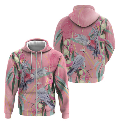 Australia Breast Cancer Zip Hoodie Pink Galah with Eucalyptus Flowers