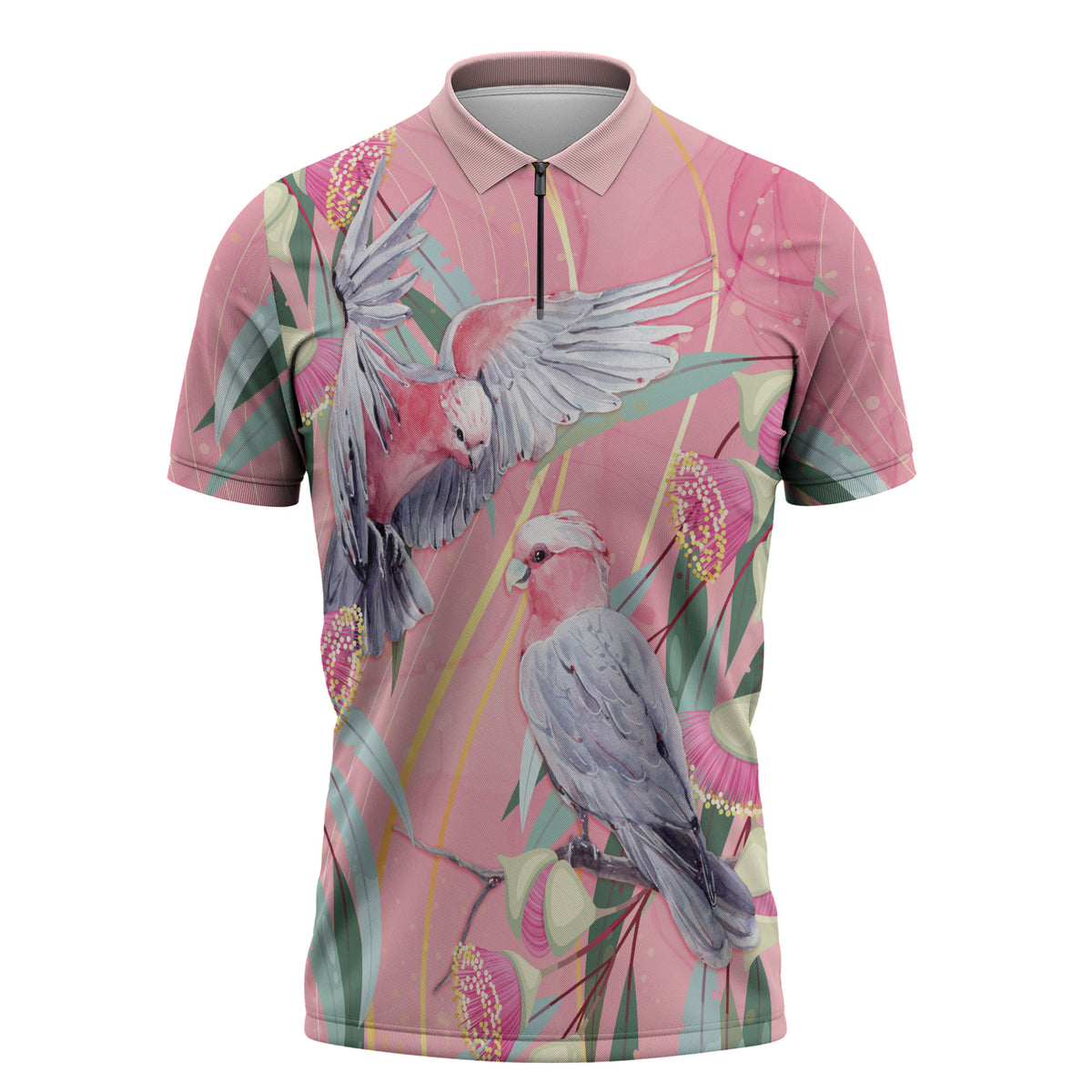 Australia Breast Cancer Zipper Polo Shirt Pink Galah with Eucalyptus Flowers
