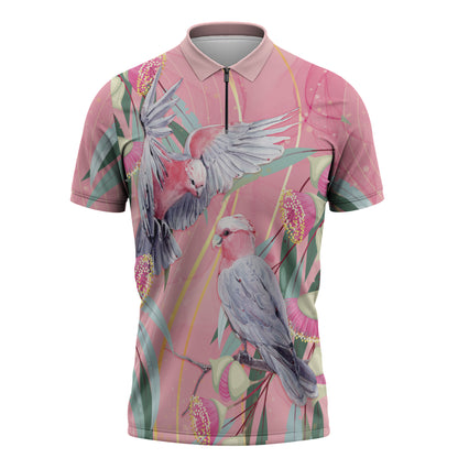 Australia Breast Cancer Zipper Polo Shirt Pink Galah with Eucalyptus Flowers