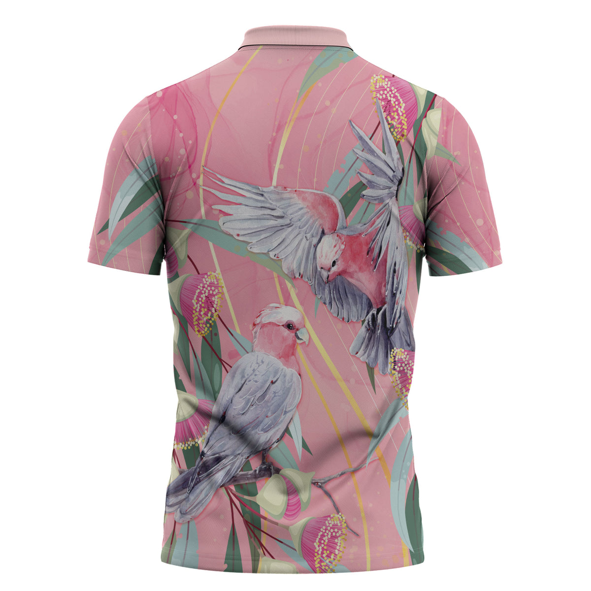Australia Breast Cancer Zipper Polo Shirt Pink Galah with Eucalyptus Flowers