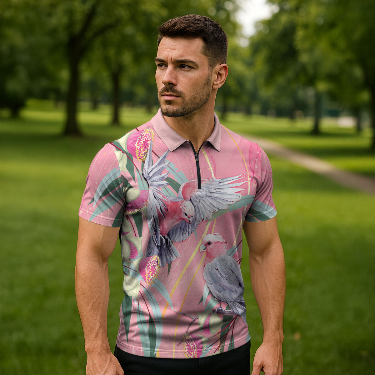 Australia Breast Cancer Zipper Polo Shirt Pink Galah with Eucalyptus Flowers