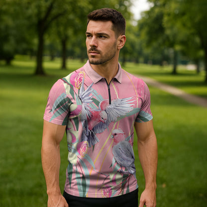 Australia Breast Cancer Zipper Polo Shirt Pink Galah with Eucalyptus Flowers