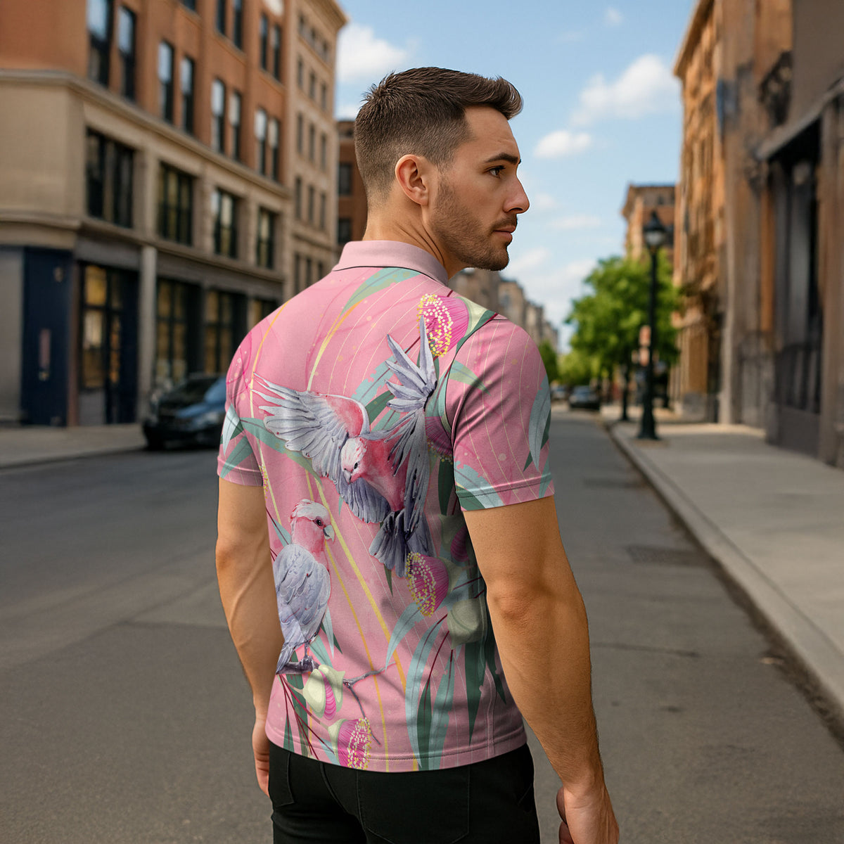 Australia Breast Cancer Zipper Polo Shirt Pink Galah with Eucalyptus Flowers