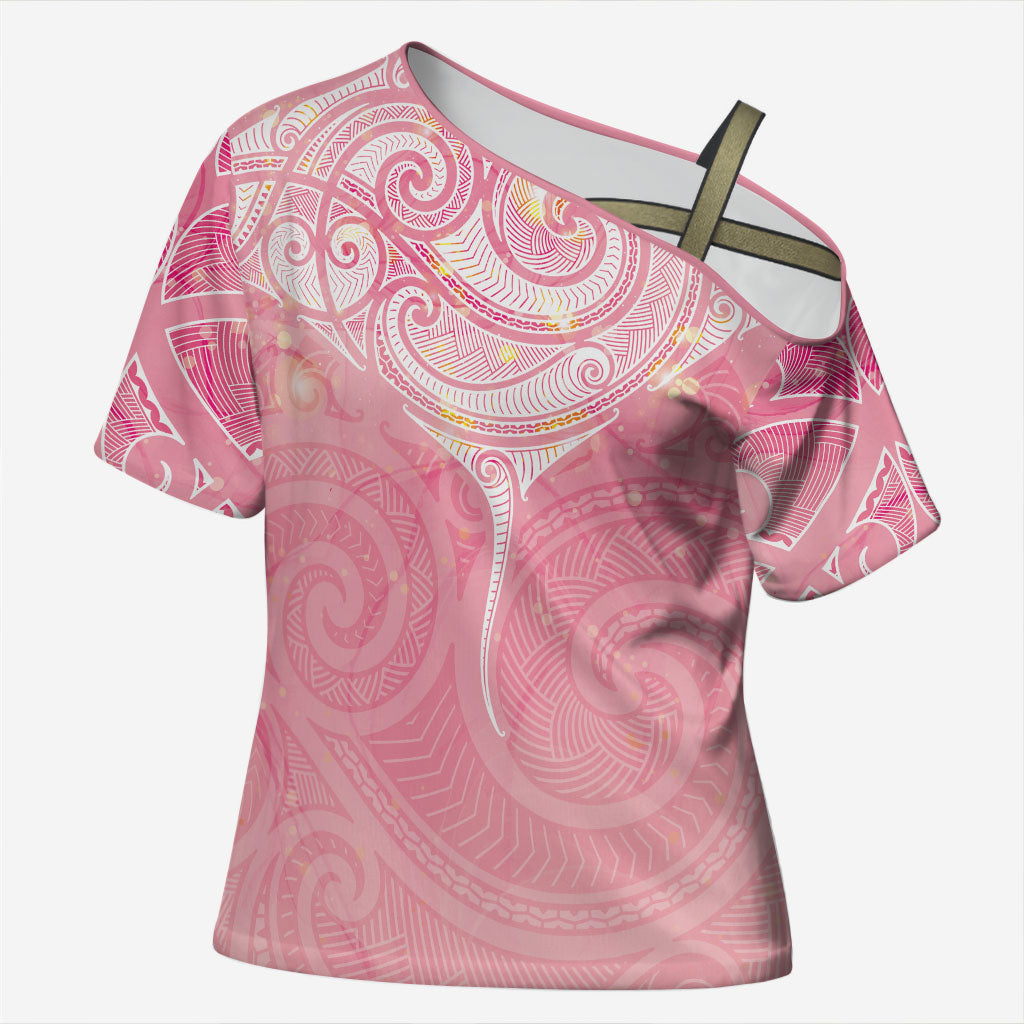 Breast Cancer Movement Maori Aotearoa Cross Shoulder Shirt Manta Ray - Pink Glaze