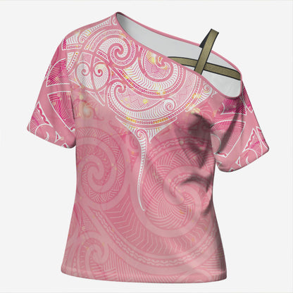 Breast Cancer Movement Maori Aotearoa Cross Shoulder Shirt Manta Ray - Pink Glaze