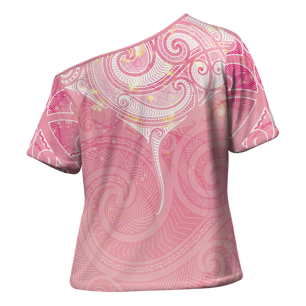 Breast Cancer Movement Maori Aotearoa Cross Shoulder Shirt Manta Ray - Pink Glaze