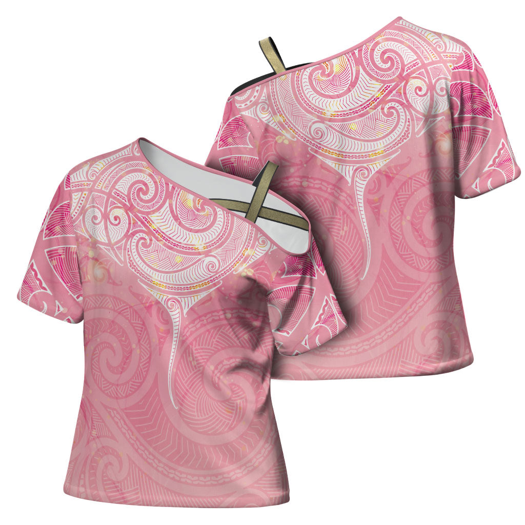 Breast Cancer Movement Maori Aotearoa Cross Shoulder Shirt Manta Ray - Pink Glaze