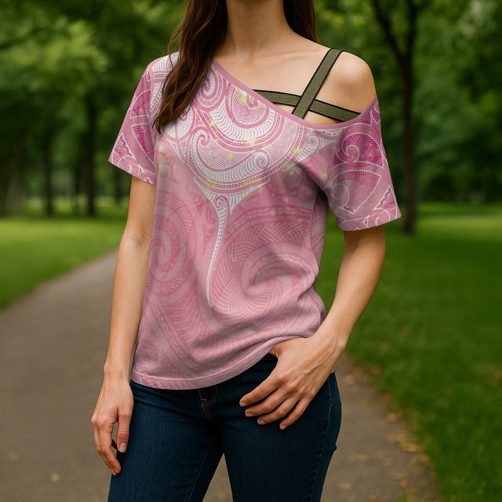Breast Cancer Movement Maori Aotearoa Cross Shoulder Shirt Manta Ray - Pink Glaze