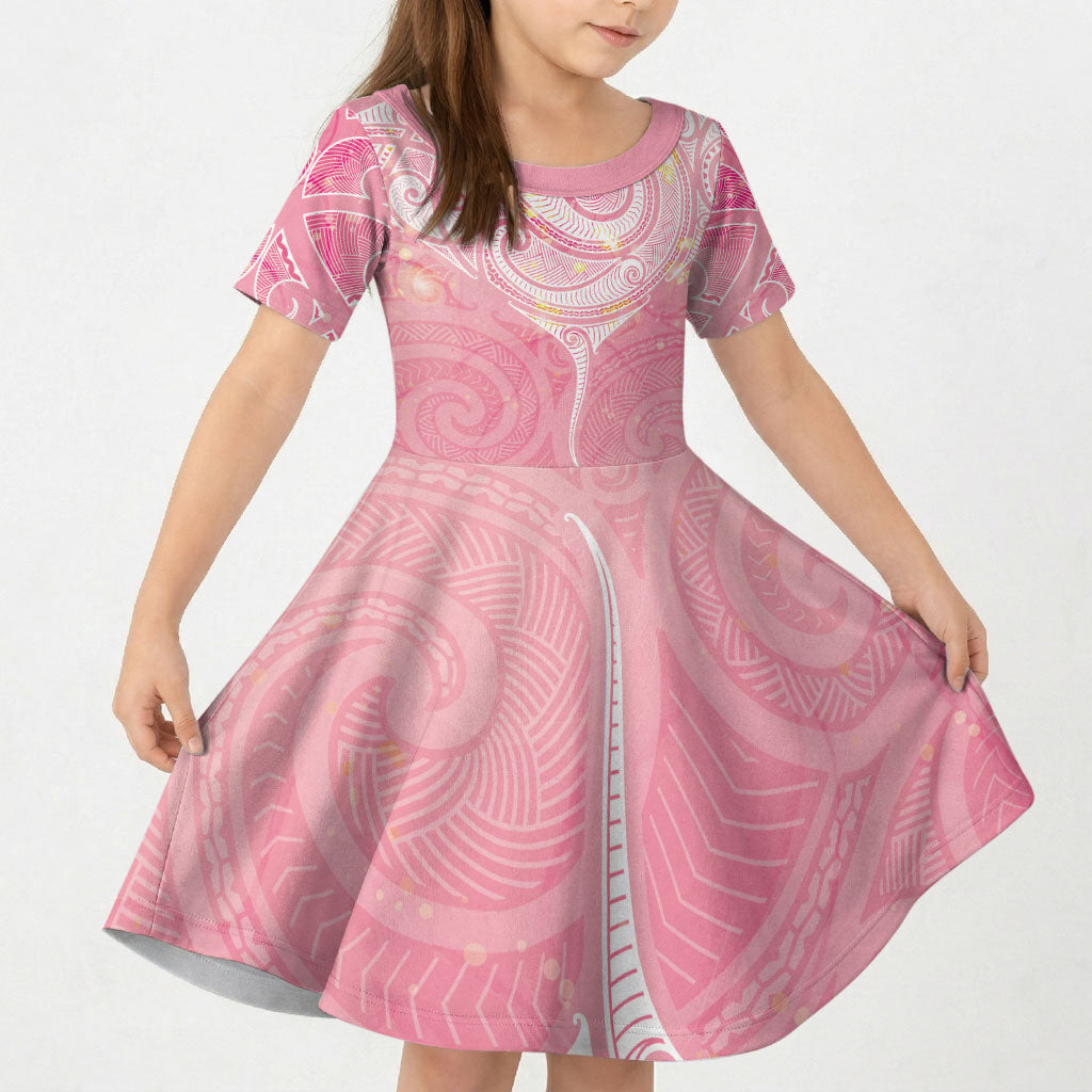Breast Cancer Movement Maori Aotearoa Kid Short Sleeve Dress Manta Ray - Pink Glaze