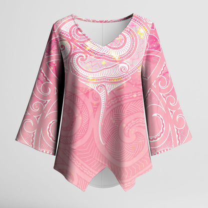 Breast Cancer Movement Maori Aotearoa Kimono Sleeve Blouse Manta Ray - Pink Glaze