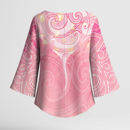 Breast Cancer Movement Maori Aotearoa Kimono Sleeve Blouse Manta Ray - Pink Glaze
