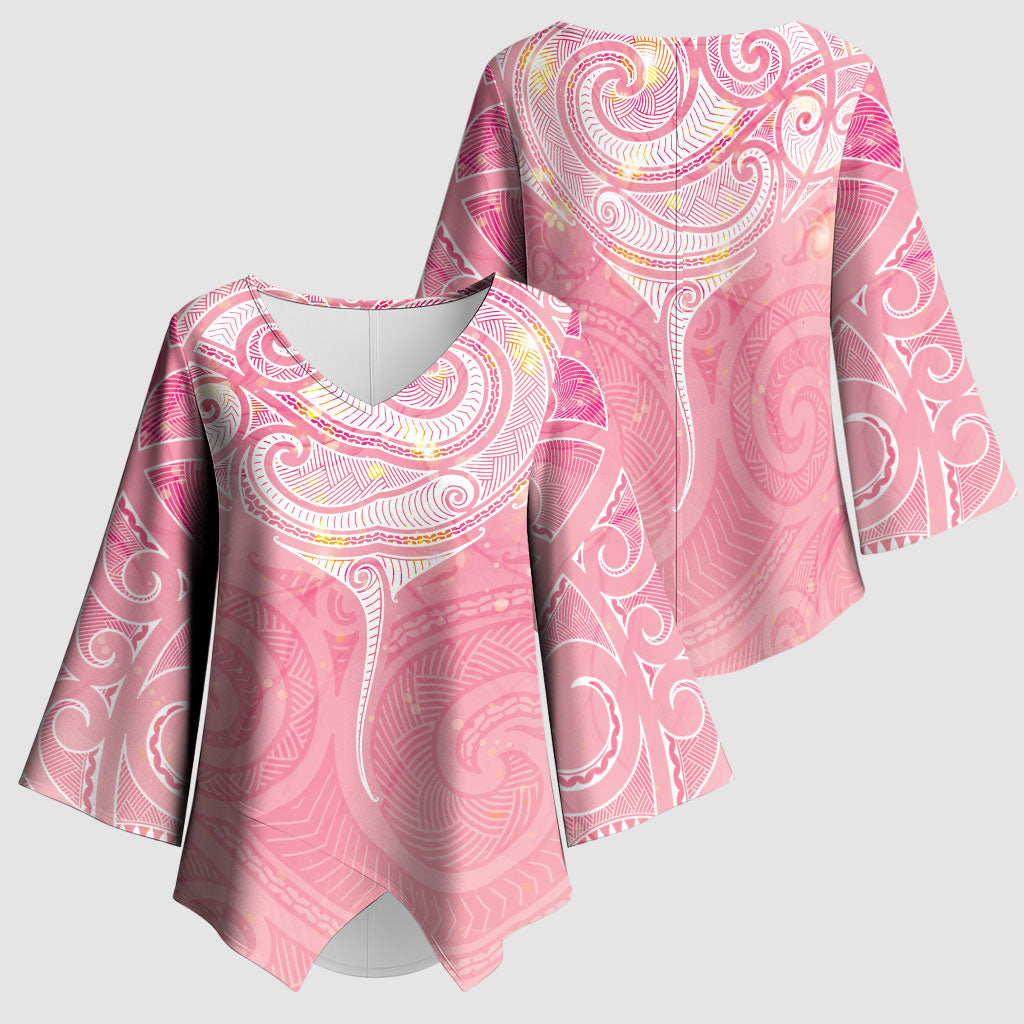 Breast Cancer Movement Maori Aotearoa Kimono Sleeve Blouse Manta Ray - Pink Glaze