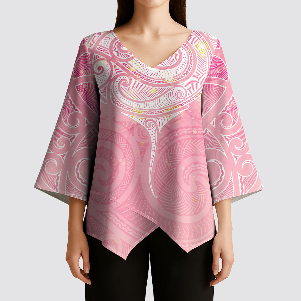Breast Cancer Movement Maori Aotearoa Kimono Sleeve Blouse Manta Ray - Pink Glaze