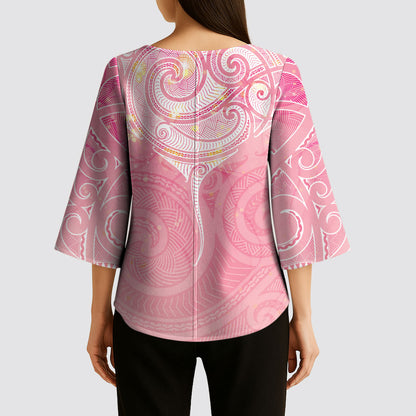 Breast Cancer Movement Maori Aotearoa Kimono Sleeve Blouse Manta Ray - Pink Glaze