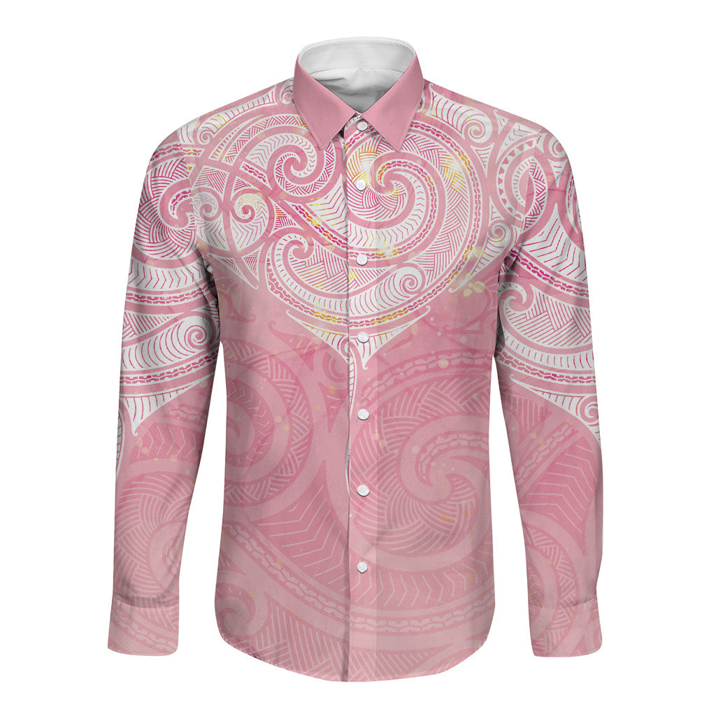 Breast Cancer Movement Maori Aotearoa Long Sleeve Button Shirt Manta Ray - Pink Glaze