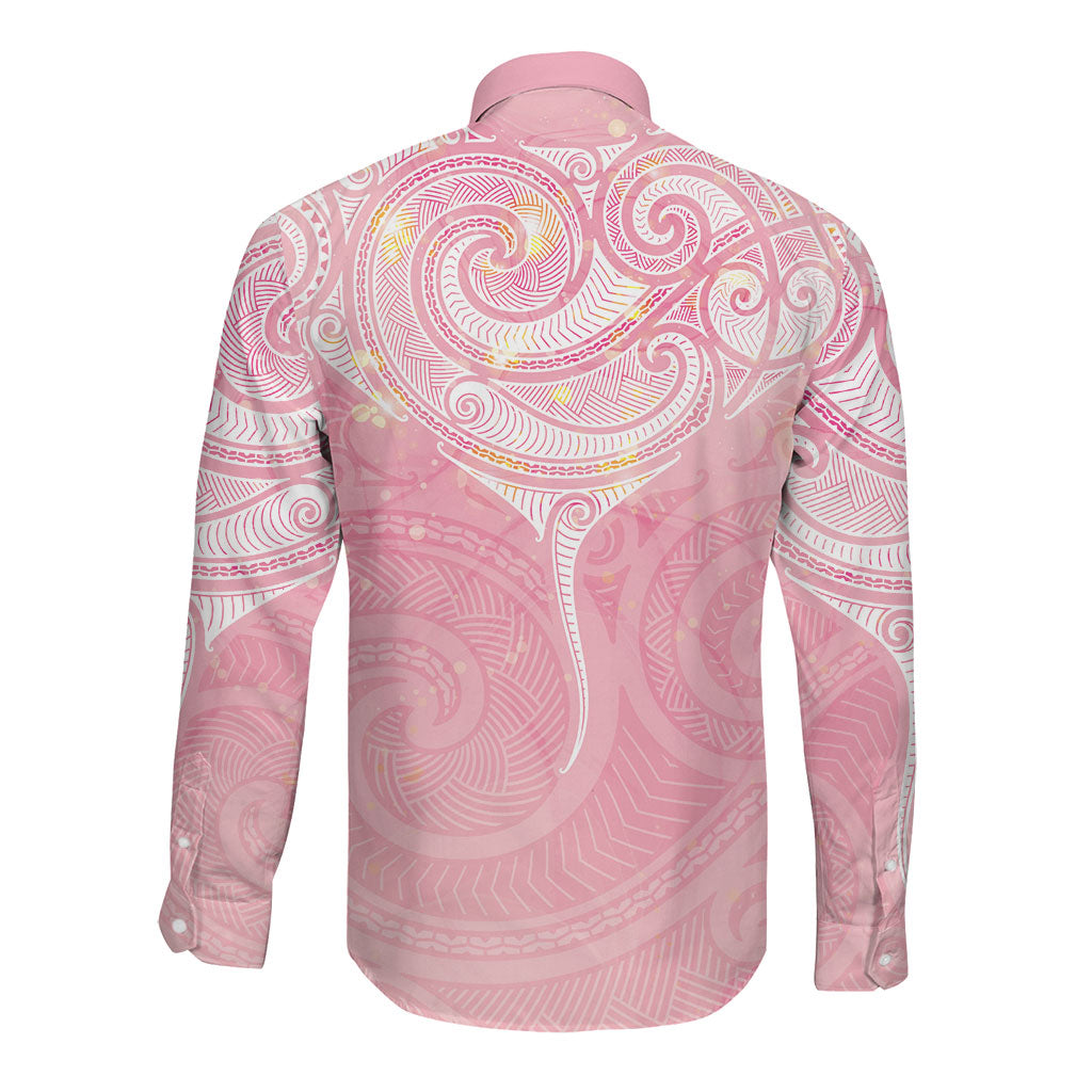 Breast Cancer Movement Maori Aotearoa Long Sleeve Button Shirt Manta Ray - Pink Glaze