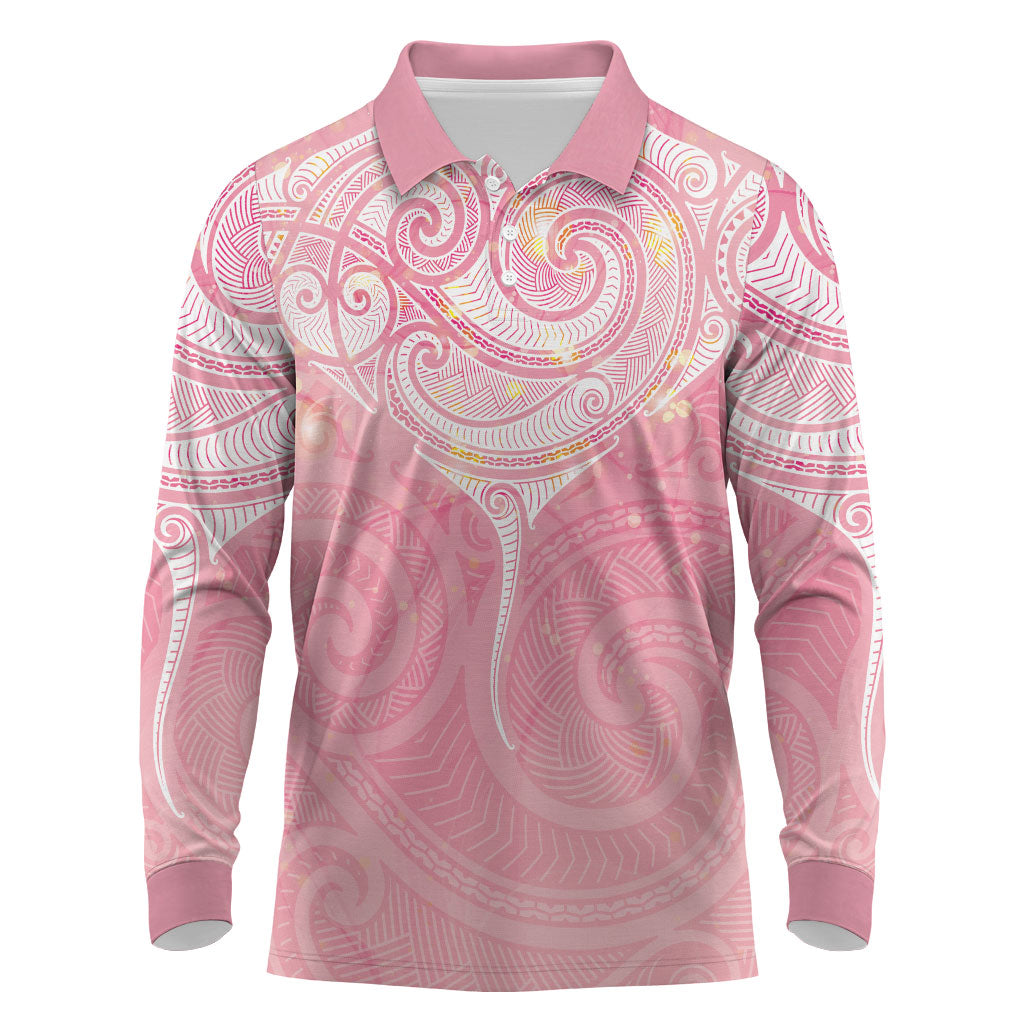 Breast Cancer Movement Maori Aotearoa Long Sleeve Polo Shirt Manta Ray - Pink Glaze