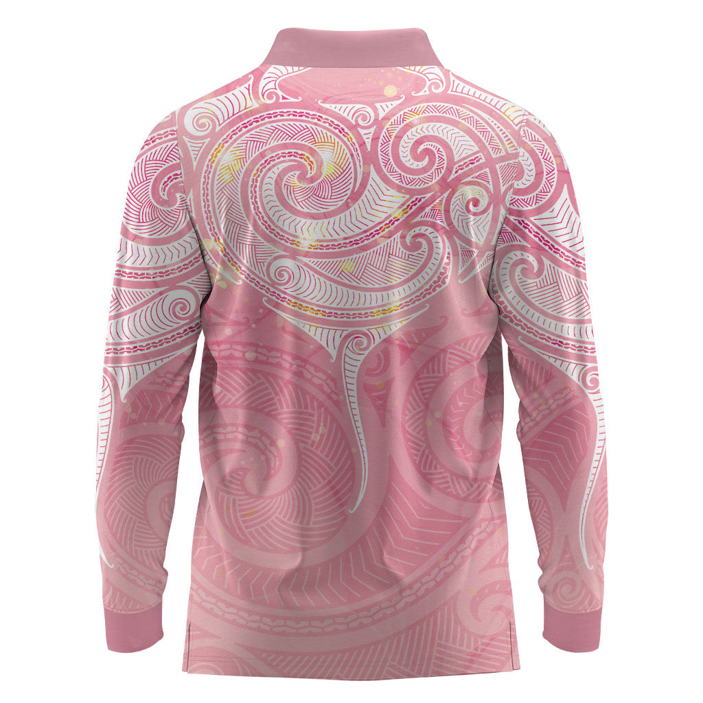 Breast Cancer Movement Maori Aotearoa Long Sleeve Polo Shirt Manta Ray - Pink Glaze