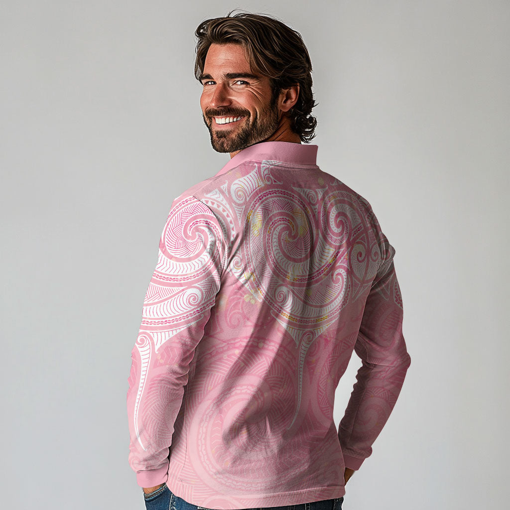 Breast Cancer Movement Maori Aotearoa Long Sleeve Polo Shirt Manta Ray - Pink Glaze