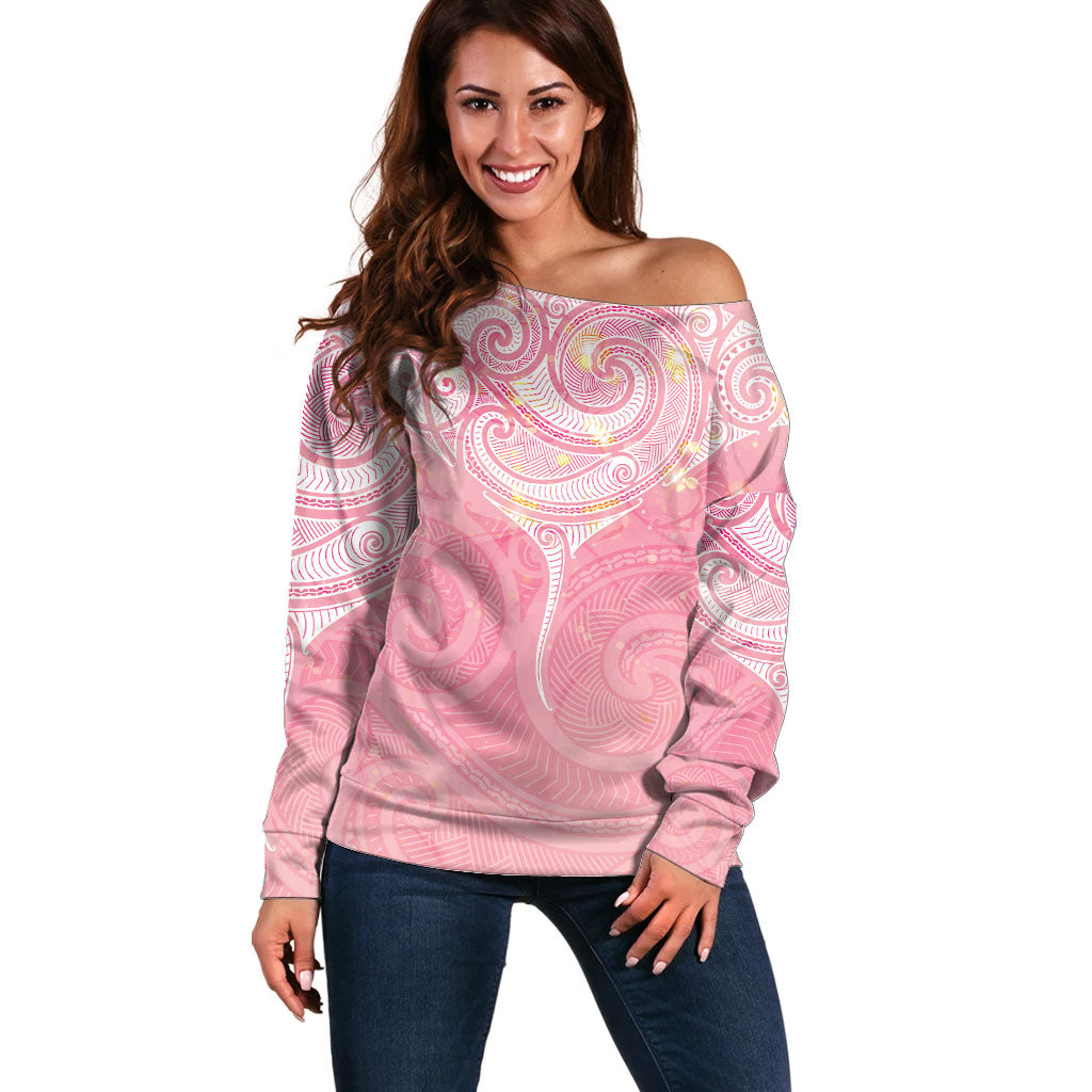 Breast Cancer Movement Maori Aotearoa Off Shoulder Sweater Manta Ray - Pink Glaze