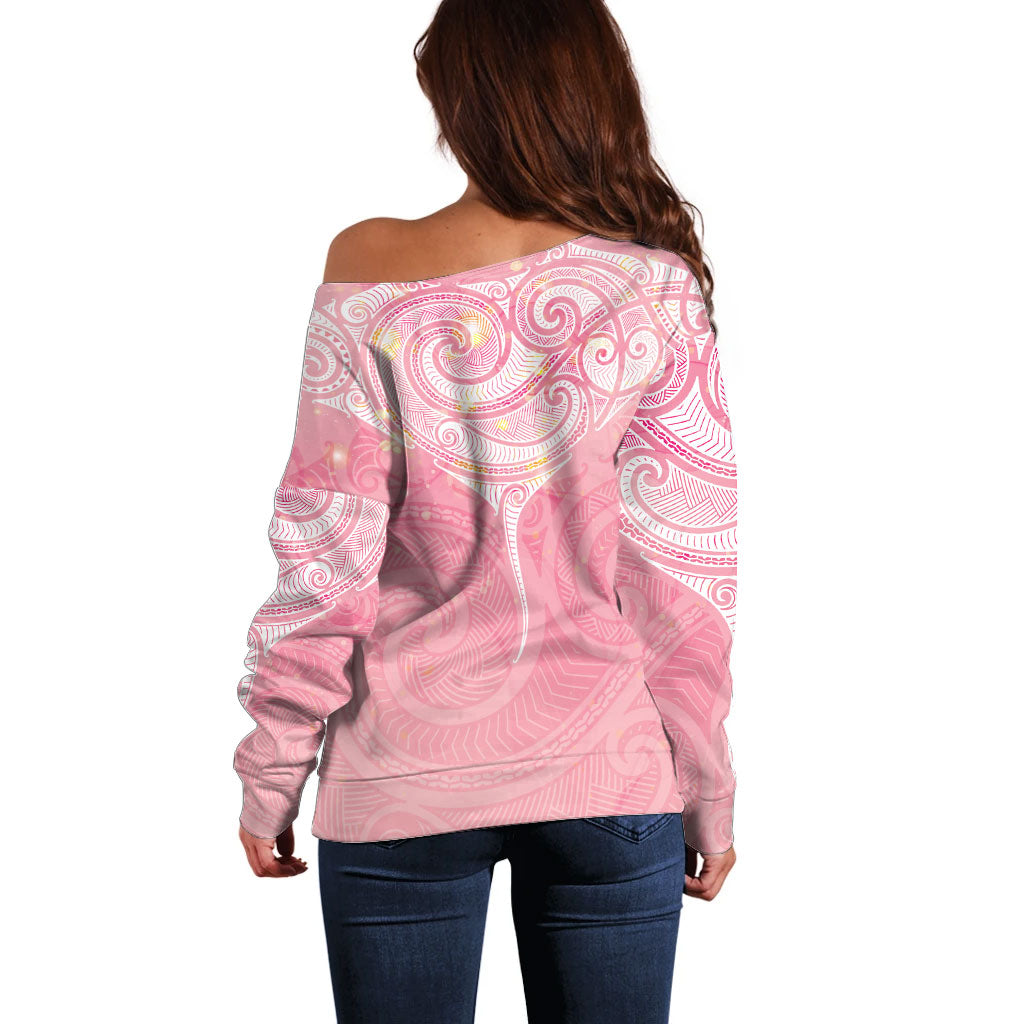 Breast Cancer Movement Maori Aotearoa Off Shoulder Sweater Manta Ray - Pink Glaze