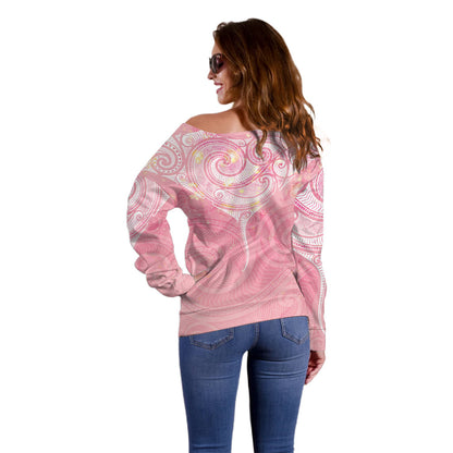 Breast Cancer Movement Maori Aotearoa Off Shoulder Sweater Manta Ray - Pink Glaze