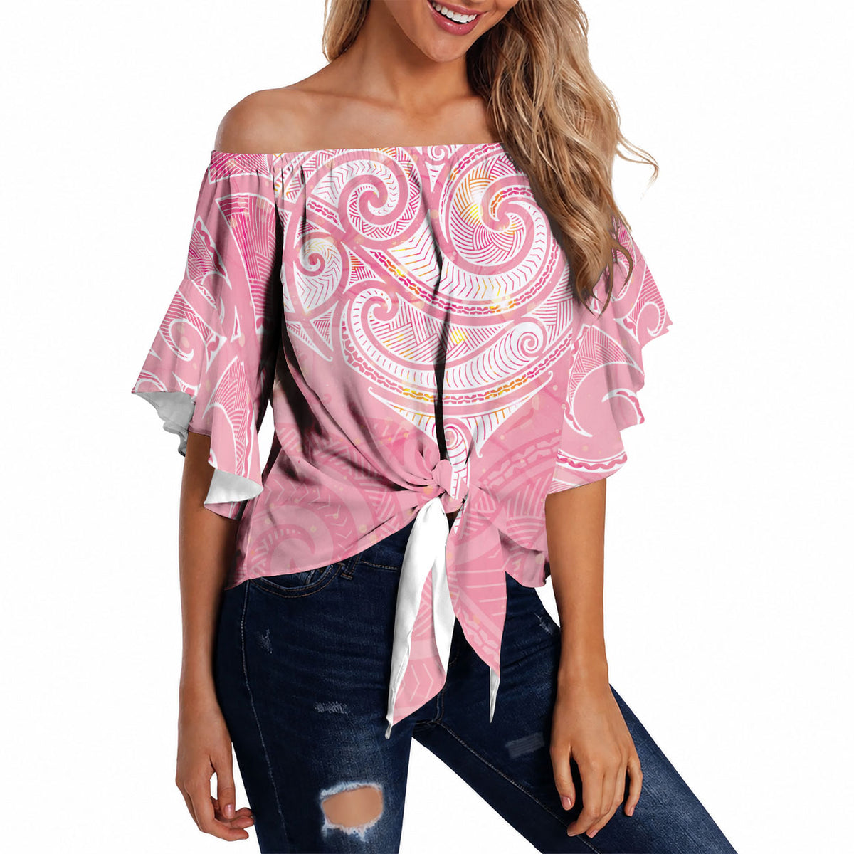 Breast Cancer Movement Maori Aotearoa Off Shoulder Wrap Waist Top Manta Ray - Pink Glaze