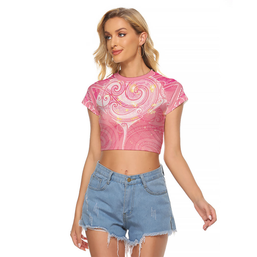 Breast Cancer Movement Maori Aotearoa Raglan Cropped T Shirt Manta Ray - Pink Glaze