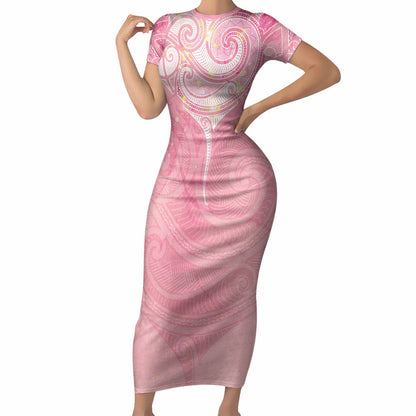 Breast Cancer Movement Maori Aotearoa Short Sleeve Bodycon Dress Manta Ray - Pink Glaze
