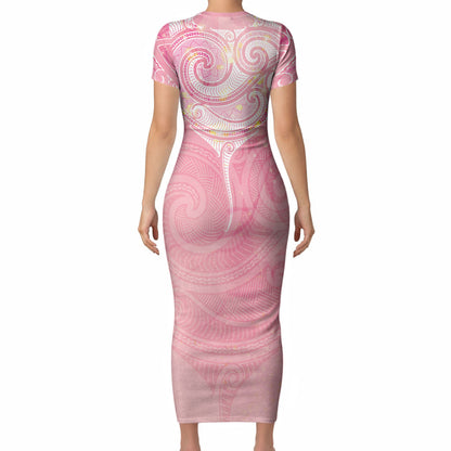 Breast Cancer Movement Maori Aotearoa Short Sleeve Bodycon Dress Manta Ray - Pink Glaze