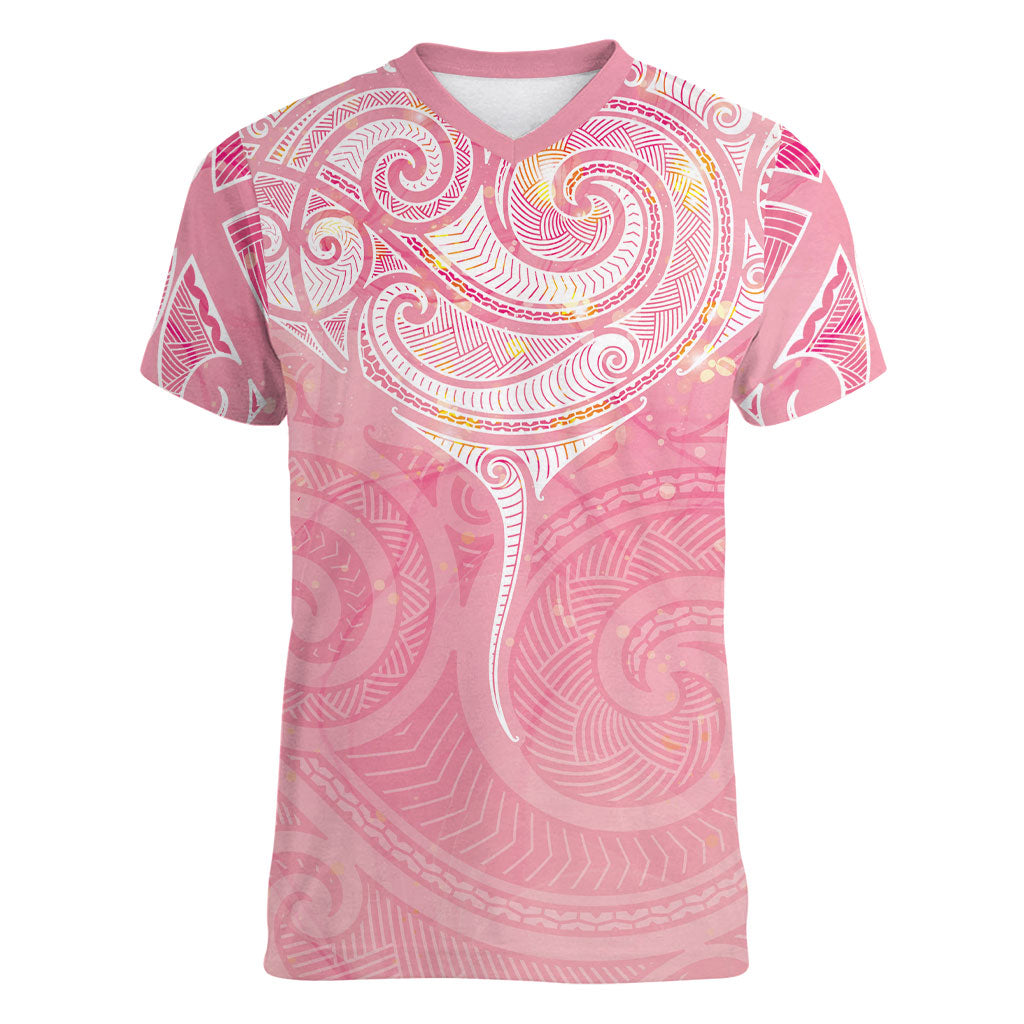 Breast Cancer Movement Maori Aotearoa Women V-Neck T-Shirt Manta Ray - Pink Glaze