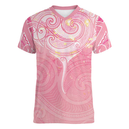 Breast Cancer Movement Maori Aotearoa Women V-Neck T-Shirt Manta Ray - Pink Glaze