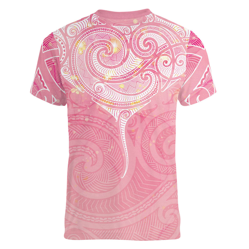 Breast Cancer Movement Maori Aotearoa Women V-Neck T-Shirt Manta Ray - Pink Glaze