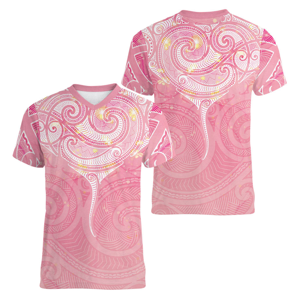 Breast Cancer Movement Maori Aotearoa Women V-Neck T-Shirt Manta Ray - Pink Glaze