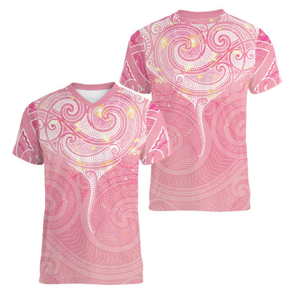 Breast Cancer Movement Maori Aotearoa Women V-Neck T-Shirt Manta Ray - Pink Glaze