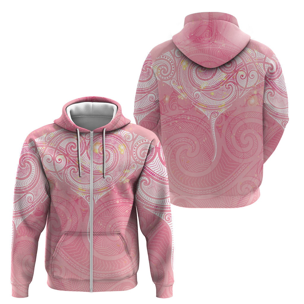 Breast Cancer Movement Maori Aotearoa Zip Hoodie Manta Ray - Pink Glaze